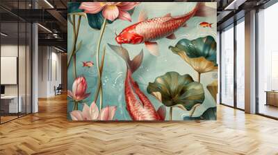 Botanical print with tropical leaves, flowers, and colorful fish Wall mural