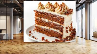 Carrot cake with cream cheese frosting on white background Wall mural