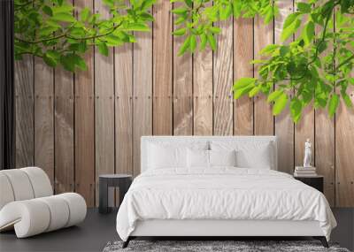 Fence Wood Texture with green leaves in foreground Wall mural