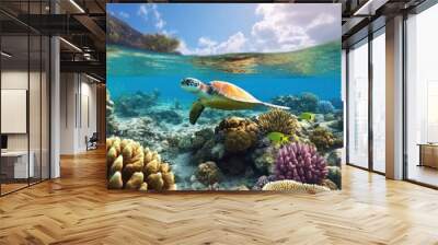 Sea turtle swimming underwater with coral reef, Generative AI Wall mural