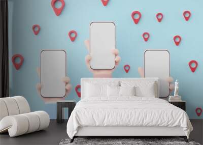 3d render Minimal hand holding mini mobile phone or smartphone for work with white copy space for mock up and creative design. Shopping online concept. Hand that using phone. Wall mural