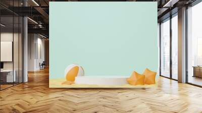 3d render of Abstract minimal  display podium for showing products or cosmetic presentation with summer beach scene. Summer time. Wall mural