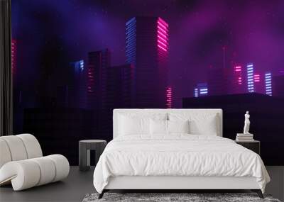 3d render of Cyber punk night city landscape concept. Light glowing on dark scene.  Night life. Technology network for 5g. Beyond generation and futuristic of Sci-Fi Capital city and building scene. Wall mural