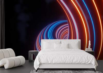 3d render of flash neon and light glowing on dark scene. Speed light tunnel through the city or urban. Technology internet of future network. Sci fiction of hyperspace interstellar travel. Wall mural