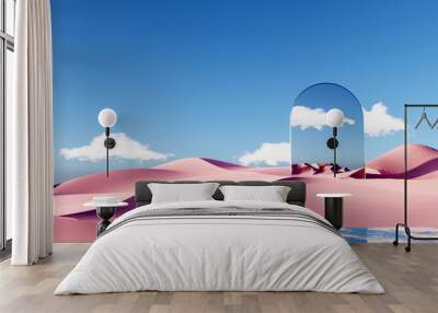 3d render Surreal pastel landscape background with geometric shapes, abstract fantastic desert dune in seasoning landscape with arches, panoramic, futuristic scene with copy space, blue sky and cloudy Wall mural