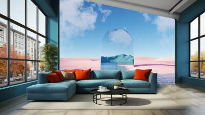 3d render Surreal pastel landscape background with geometric shapes, abstract fantastic desert dune in seasoning landscape with arches, panoramic, futuristic scene with copy space, blue sky and cloudy Wall mural