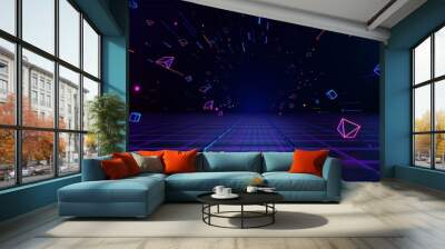 3d technology abstract neon light background, empty space scene, spotlight, dark night, virtual reality, cyber futuristic sci-fi background, street floor studio for mock up. colored geometric. Wall mural