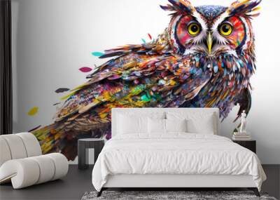 Abstract animal Owl portrait with colorful hundreds of different colors paint isolated on white background, with Generative AI. Wall mural