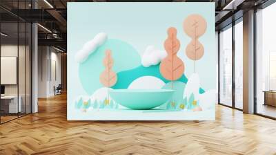 Abstract Pastel of nature, flowers leaves and tree plants with Podium stand platform. Cute Cartoon natural landscape background. Scene of spring colorful plants with minimal design. 3D Render. Wall mural