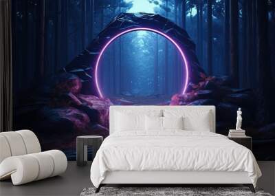 Abstract portal stone gate with neon circle glowing light in the dark wood forest space landscape of cosmic, rocky mountain stone field, spectrum light effect. Wall mural