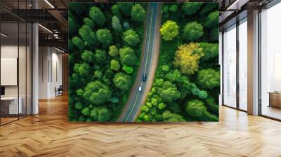 Aerial top view of asphalt road through green forest, healthy rain forest,  environment, health, green economy, view of nature ecosystem for save Earth with Generative AI. Wall mural