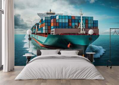 Aerial top view of cargo container business ship, global express in the ocean, logistic freight shipping and transportation, container cargo maritime ship with Generative AI. Wall mural