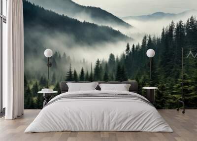 Aerial view landscape of Misty foggy mountain hills and forest, Beautiful fresh green natural scenery of hilltop, relax time with greenery tree in the morning. Wall mural