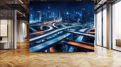 Aerial view of Road Traffic jam on multiple lane highway with speed light trail from car background, Expressway road junction in metropolis city center at night scene. Wall mural