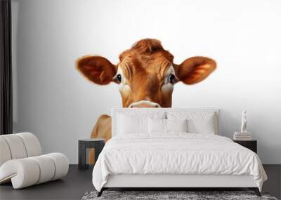 Brown Cow or bullock farm portrait looking at camera isolated on clear png background, funny moment, Farmland animals concept, with Generative Ai. Wall mural