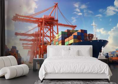 cargo ship that full load container for logistics import export station port, shipping and transport Wall mural