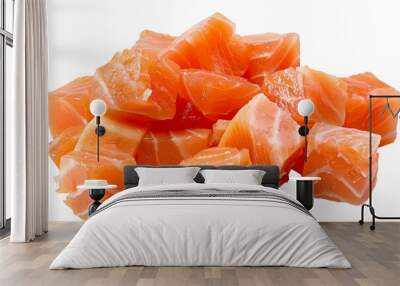 Close up pile of Salmon cubes isolated on background, fillet fish salmon Sashimi slices menu. Wall mural