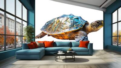 Close up sea turtle with plastic bag isolated on white background, Sea life marine wildlife, with Generative Ai. Wall mural