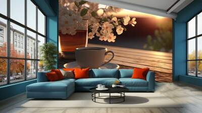 Coffee in cup on wooden table with flowers in spring season, calm and relax coffee, hot beverage, Morning drinks with Generative AI. Wall mural