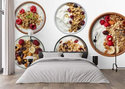 Collection of healthy yogurt topping mix berries, nut, and oats in bowl isolated on background, flat lay view of breakfast food. Wall mural