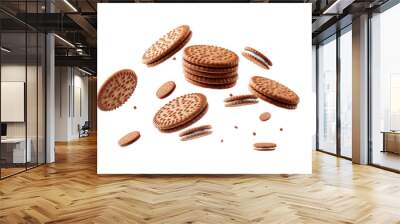 Cookies chocolate falling with choc flake in the air isolated on transparent background, dessert sweet concept, piece of dark biscuit. Wall mural