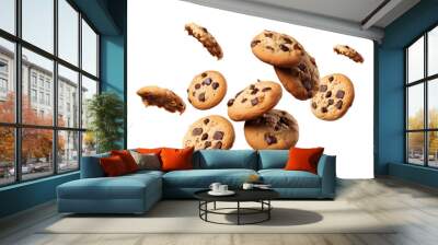 Cookies chocolate falling with choc flake in the air isolated on transparent background, dessert sweet concept, piece of dark biscuit. Wall mural