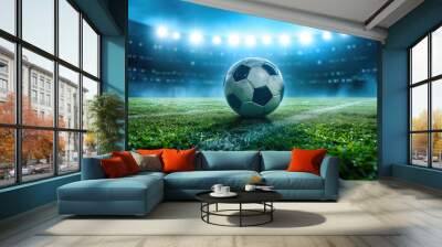 Football stadium arena for match with spotlight. Soccer sport background, green grass field for competition champion match. Wall mural