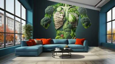 Human body shape made of Healthy of varies raw organic vegetables, fresh ingredients for cook and meals, high vitamin and minerals, green hydroponics plants, with Generative Ai. Wall mural