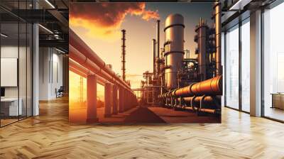 Industry pipeline transport petrochemical, gas and oil processing, furnace factory line, rack of heat chemical manufacturing, equipment steel pipes plant with Generative AI. Wall mural