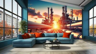 Industry pipeline transport petrochemical, gas and oil processing, furnace factory line, rack of heat chemical manufacturing, equipment steel pipes plant with Generative AI. Wall mural