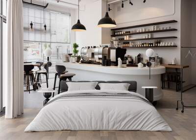 Minimal interior design of cafe or coffee cafe bar shop in clean minimalist style, decorated with warm tone, relaxing tones with glossy ivory white round corner counter and coffee machinery. Wall mural