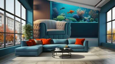 Minimal living room with interior sofa and under the sea fish tank or aquarium decoration, underwater with coral reef and fishes design concepts, Home decoration mock up, with Generative AI. Wall mural