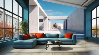 Modern concrete architecture building, exterior floor and roof with empty space for mock up with blue sky background, in clean design, with Generative Ai. Wall mural