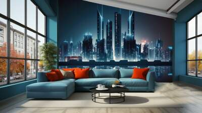 Neon mega city capital towers with futuristic technology background, future modern building virtual reality, night life style concept, digital design, digital technology scene with Generative Ai. Wall mural