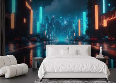 Night city Cyber punk landscape concept. Light glowing on dark scene. Night life. Technology network for 5g. Beyond generation and futuristic of Sci-Fi Capital city and building scene. Generative AI. Wall mural