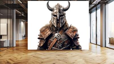 Portrait of medieval Scandinavian or Viking warrior with armor and helmet costume isolated on clear png background, epic fantasy world, with Generative Ai. Wall mural