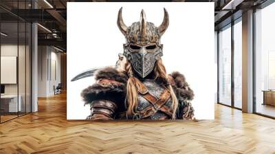 Portrait of medieval Scandinavian or Viking warrior with armor and helmet costume isolated on clear png background, epic fantasy world, with Generative Ai. Wall mural