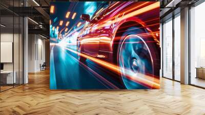 Rear view of Futuristic Car with high fast and speed through neon mega cyber city background, High acceleration car on tack with glowing light trails, night scene neon. Wall mural