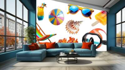 Set of Summer accessories elements for holiday vacation isolated on background, Beach items for swimming and relax, beach ball, seashell, hat and other. Wall mural