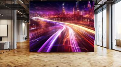 Speed light trails path through smart modern mega city and skyscrapers town with neon futuristic technology background, future virtual reality, motion effect, high speed light, with Generative Ai. Wall mural