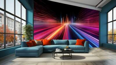 Speed light trails path through smart modern mega city and skyscrapers town with neon futuristic technology background, future virtual reality, motion effect, high speed light, with Generative Ai. Wall mural