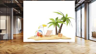 Summer elements 3d icon clipart island isolated on white background, Minimal Realistic objects for mock-up with summer theme, beach umbrella, sand, inflatable ring, vacation time to travel. Wall mural