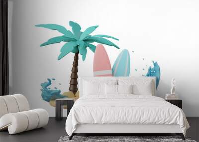 Summer pink vacation beach with Minimal Surfboard, island, s background concept, Realistic Display for Product mock-up or Cosmetics with summer pink theme. minimal cute design. 3d rendering Wall mural