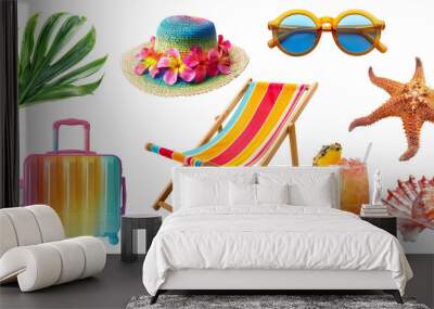 Summer tropical vacation set including of beach chair, sunglasses, suitcase and other isolated on background, Beach trip accessories. Wall mural