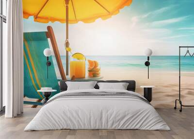 Summer vacation, tropical beach with blue sky and sea for relaxation, panoramic beach background, summer holiday with beautiful nature sand, sunlight, ocean water with Generative AI. Wall mural