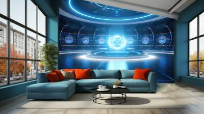 Technology abstract blue hi-tech stage display background, empty space scene, spaceship, dark night, virtual reality, futuristic Sci-fi tunnel background, studio for mock up with Generative Ai. Wall mural