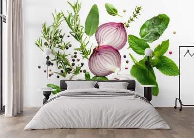 Top view of Herbs and spices isolated on background, ingredients for cooking food, healthy vegetables food, high fibers and vitamins. Wall mural