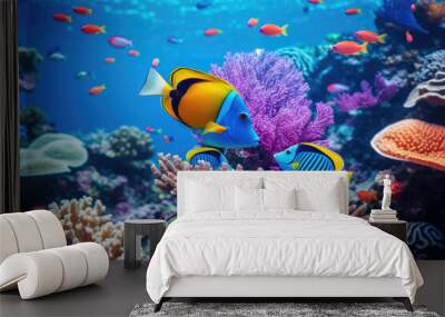 Underwater with colorful sea life fishes and plant at seabed background, Colorful Coral reef landscape in the deep of ocean. Marine life concept, Underwater world scene. Wall mural