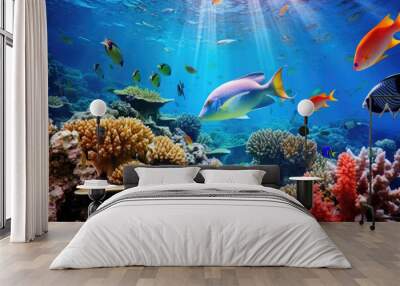 Underwater with colorful sea life fishes and plant at seabed background, Colorful Coral reef landscape in the deep of ocean. Marine life concept, Underwater world scene. Wall mural