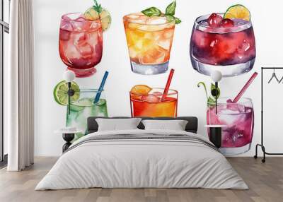 Variety group of fruit juices cocktail with ingredients for refreshing isolated on white background, healthy drink, glasses of juicy beverage, with Generative Ai. Wall mural